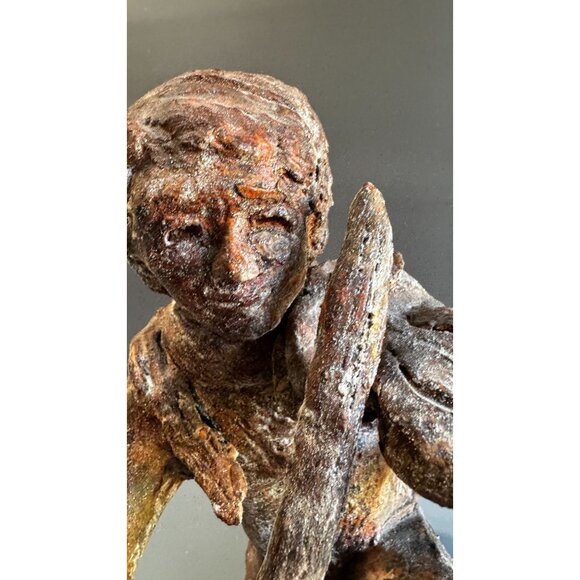 Hand Sculpted Terracotta Violinist With Snake Rustic Folk Art Figure 10 Inch - Picture 9 of 10